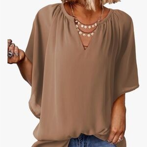 Elegant Brown Women's Top with V-Neck & Flowy Sleeves - XL